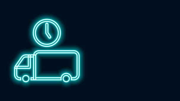 Linha de néon brilhante Logística entrega caminhão e ícone de tempo isolado no fundo preto. Ícone do prazo de entrega. Animação gráfica em movimento de vídeo 4K - Filmagem, Vídeo