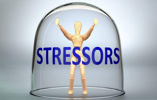 Les facteurs de stress peuvent séparer une personne du monde et enfermer dans un isolement invisible qui limite et restreint - représenté comme une figure humaine enfermée dans un verre avec une phrase Stressors, illustration 3D - Photo, image