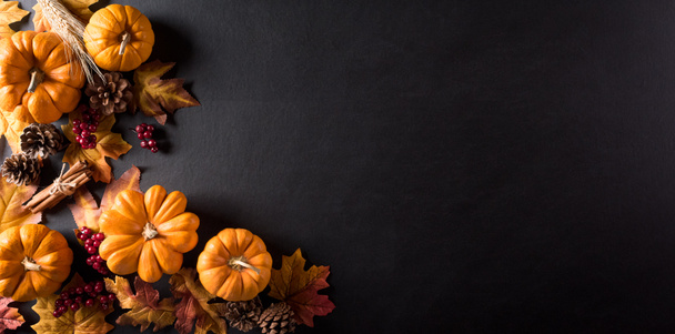 Thanksgiving achtergrond decoratie van droge bladeren, rode bessen en pompoen op schoolbord achtergrond. Flat lay, bovenaanzicht met kopieerruimte voor herfst, herfst, Thanksgiving concept. - Foto, afbeelding