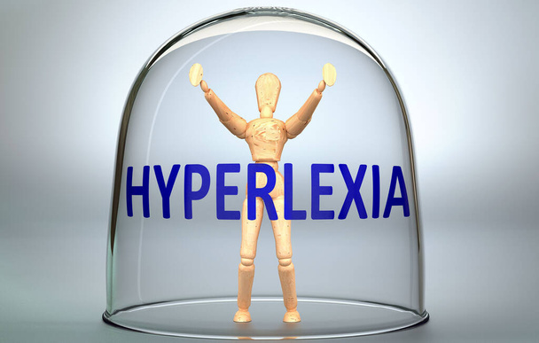 La hiperlexia puede separar a una persona del mundo y encerrarla en un aislamiento que limita - representado como una figura humana encerrada dentro de un vaso con una frase Hiperlexia, ilustración 3d - Foto, Imagen