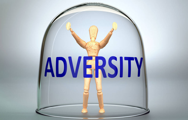 L'adversité peut séparer une personne du monde et enfermer dans un isolement invisible qui limite et restreint - représenté comme une figure humaine enfermée dans un verre avec une phrase Adversité, illustration 3D - Photo, image