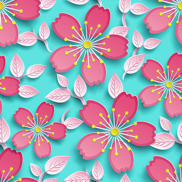 Floral trendy seamless pattern, bright background, decorative pink 3d sakura flower and leaf, japanese cherry tree blossom cut paper. Stylish modern wallpaper. Graphic design. Vector illustration - Вектор,изображение