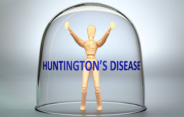 La enfermedad de Huntington puede separar a una persona del mundo y encerrarla en un aislamiento que limita - representado como una figura humana encerrada dentro de un vaso con una frase La enfermedad de Huntington, ilustración en 3D - Foto, Imagen