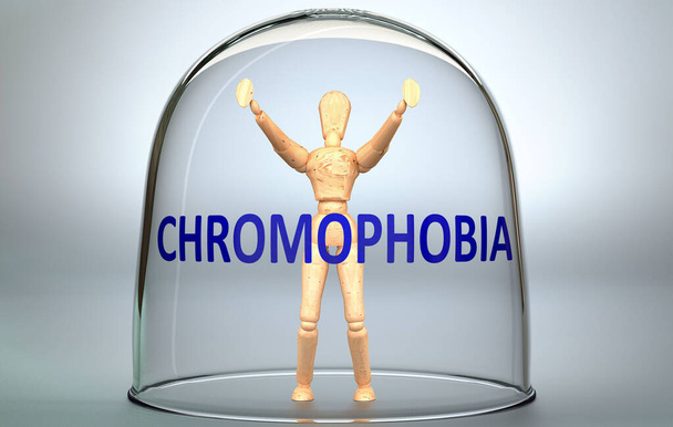 La cromofobia puede separar a una persona del mundo y encerrarla en un aislamiento que limita - representado como una figura humana encerrada dentro de un vaso con una frase Cromofobia, ilustración 3d - Foto, Imagen