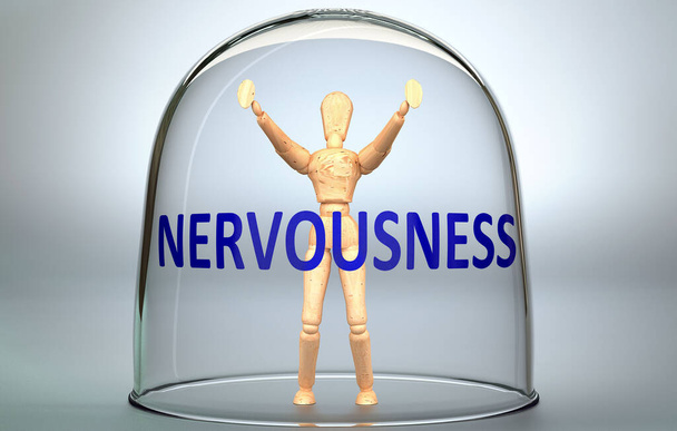 Нервозность может отделить человека от мира и запереть в изоляции, которая ограничивает - изображена как человеческая фигура, запертая в стакане с фразой Нервозность, 3d иллюстрация - Фото, изображение