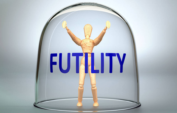 Futility puede separar a una persona del mundo y bloquear un aislamiento invisible que limita y restringe, representado como una figura humana encerrada dentro de un vidrio con una frase Futility, ilustración en 3D - Foto, Imagen