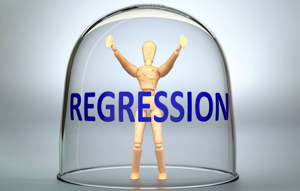 La regresión puede separar a una persona del mundo y bloquear un aislamiento que limita, representado como una figura humana encerrada dentro de un vaso con una frase Regresión, ilustración en 3D - Foto, Imagen