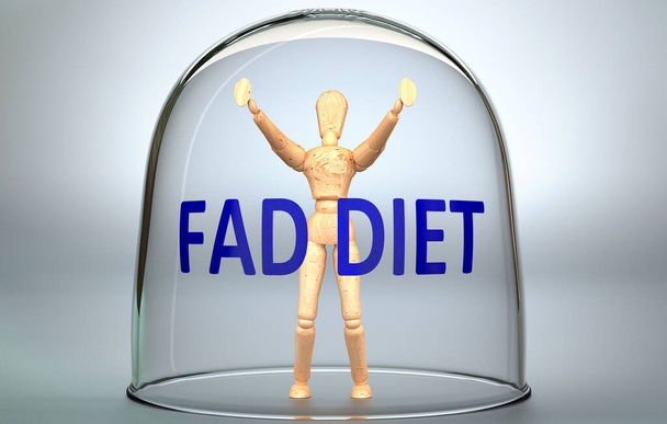 Fad dieet kan een persoon te scheiden van de wereld en vergrendelen in een onzichtbare isolatie die beperkt en beperkt - afgebeeld als een menselijke figuur opgesloten in een glas met een zin Fad dieet, 3D-illustratie - Foto, afbeelding