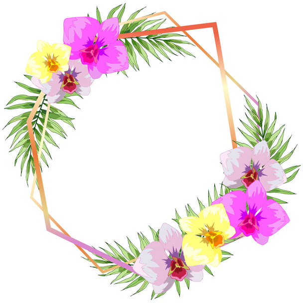 kulatý rám s tropickými květy a listy, pozadí pro pozdravy, balicí papír, jasný potisk pro oblečení - Vektor, obrázek