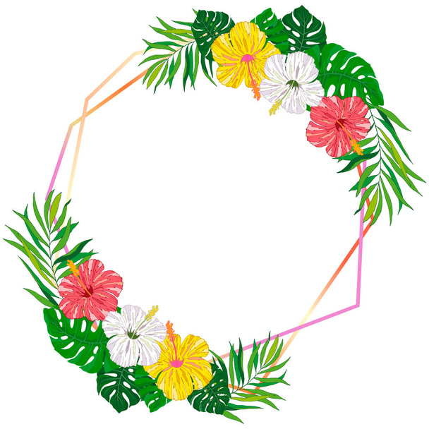 runder Rahmen mit tropischen Blumen und Blättern, Hintergrund für Grußworte, Geschenkpapier, heller Druck für Kleidung - Vektor, Bild