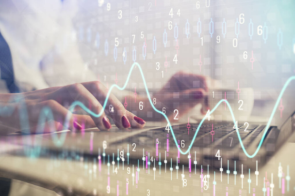Multi exposure of woman hands typing on computer and financial graph hologram drawing. Stock market analysis concept. - 写真・画像