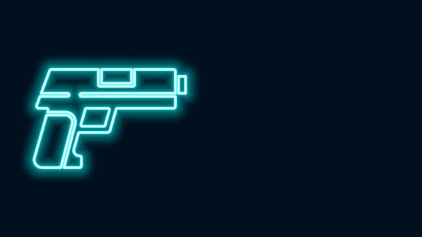 Luminoso neon linea Pistola o pistola icona isolata su sfondo nero. Polizia o pistola militare. Piccola arma da fuoco. Animazione grafica 4K Video motion - Filmati, video