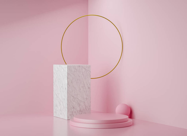 3D-Rendering Bühnendisplay Hintergrund, goldener Ring, Marmorständer und rosa Ständer - Foto, Bild