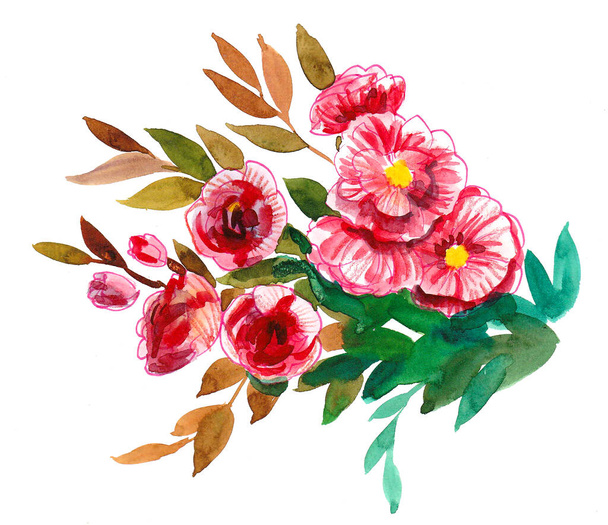 Rote Blüten mit grünen Blättern auf weißem Hintergrund. Aquarellmalerei - Foto, Bild