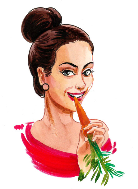 Pretty woman eating carrot. Ink and watercolor drawing - Valokuva, kuva