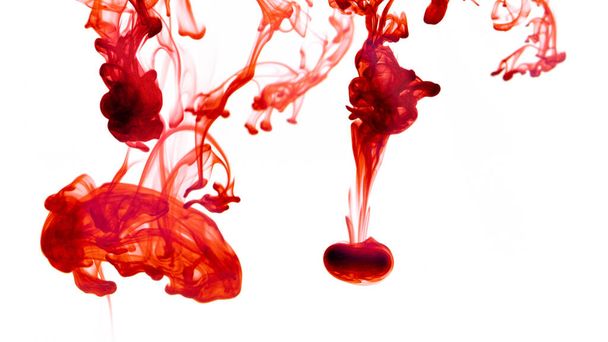 Rode inkt in water geïsoleerd op wit, Verfdruppels in water, beweging van gekleurde druppels, Abstracte achtergrond. - Foto, afbeelding