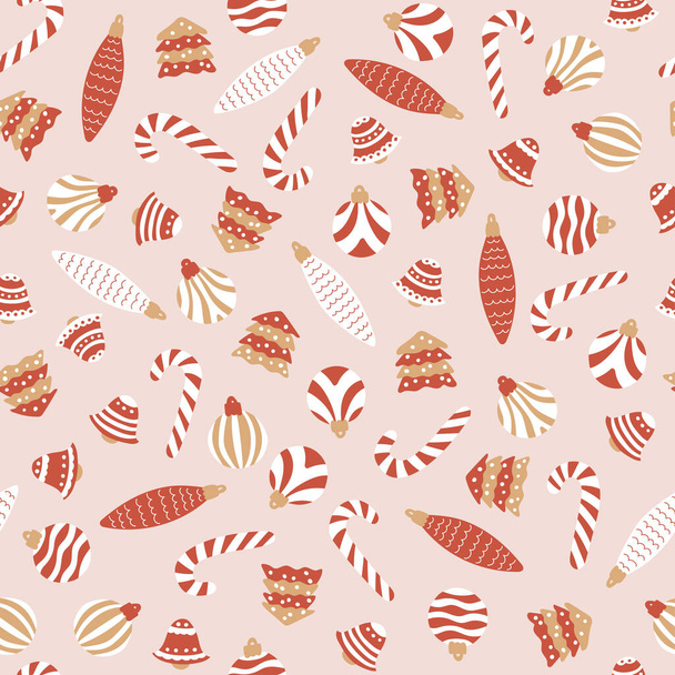 Christmas seamless pattern on a pink background. Funny and cute toys, candy canes, Christmas trees. Vector illustration for holiday cards, gift wrapping, textiles. Red and white background. - Vector, imagen