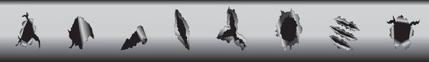 Набор царапин от черных когтей. шаблон иконки мультика с различными моделями. современная векторная иллюстрация на металлическом фоне - Вектор,изображение