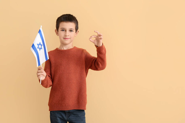 Little boy with the flag of Israel showing OK on color background - Foto, immagini