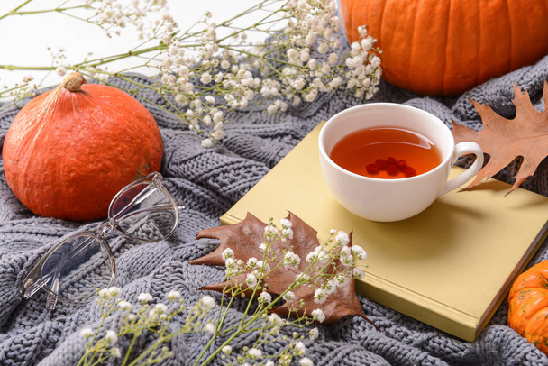Kniha, šálek čaje, podzimní listí a dýně na teplých kostkách - Fotografie, Obrázek