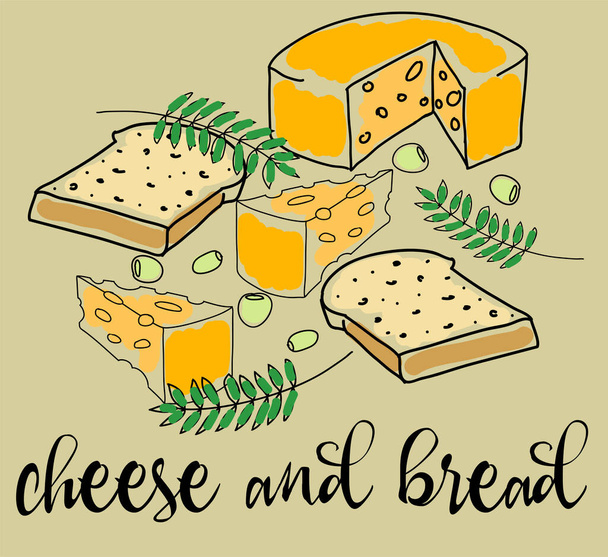 illustration with cheese bread olives and greenery hand drawing vector - Vector, Image