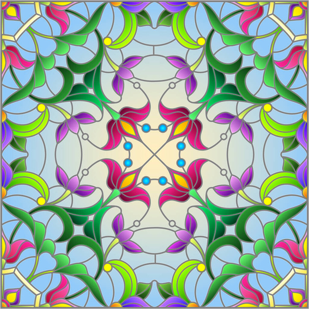 Kuvitus lasimaalaus tyyli abstrakti kukka järjestely sinisellä pohjalla, neliön kuva - Vektori, kuva