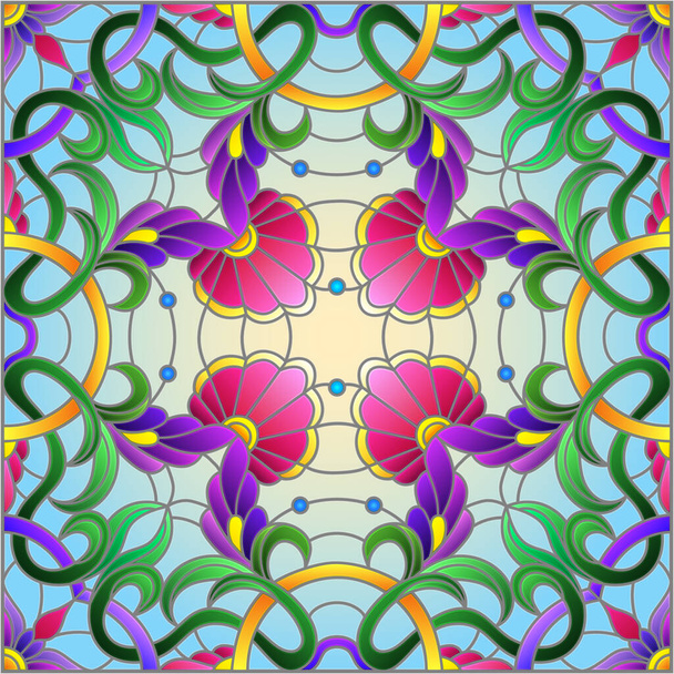 Illustration in the stained glass style with an abstract flower arrangement on a blue background, square image - Vector, Image