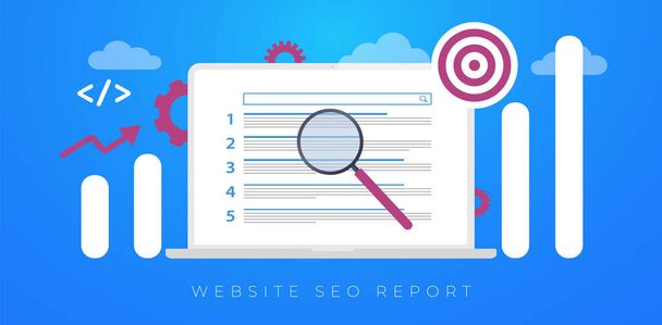 Web SEO Report, Digital Marketing Analytics concept. Seo Ranking plochý vektor horizontální banner ilustrace s ikonami. Analýza výsledků vyhledávačů (SERP) a online audit.  - Vektor, obrázek