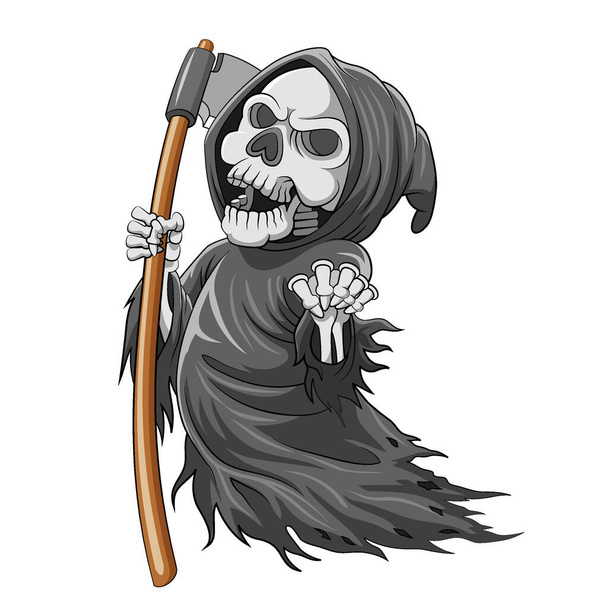 O desenho animado do ceifeiro sombrio com osso e segurando a foice cheia de cor - Vetor, Imagem