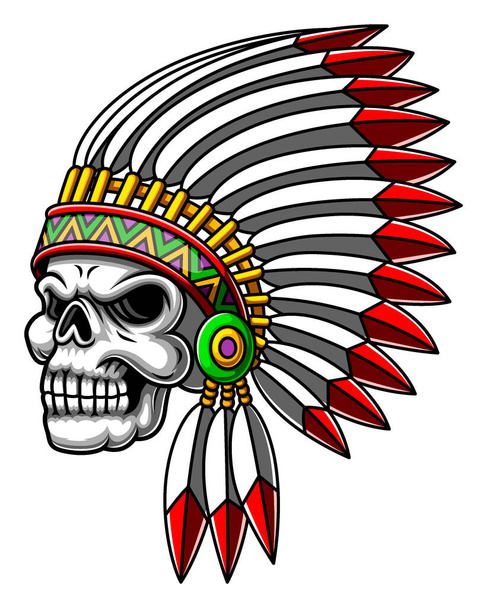 The cartoon of the scary silver skull head using the Indian hat for the mascot inspiration - Vector, Image