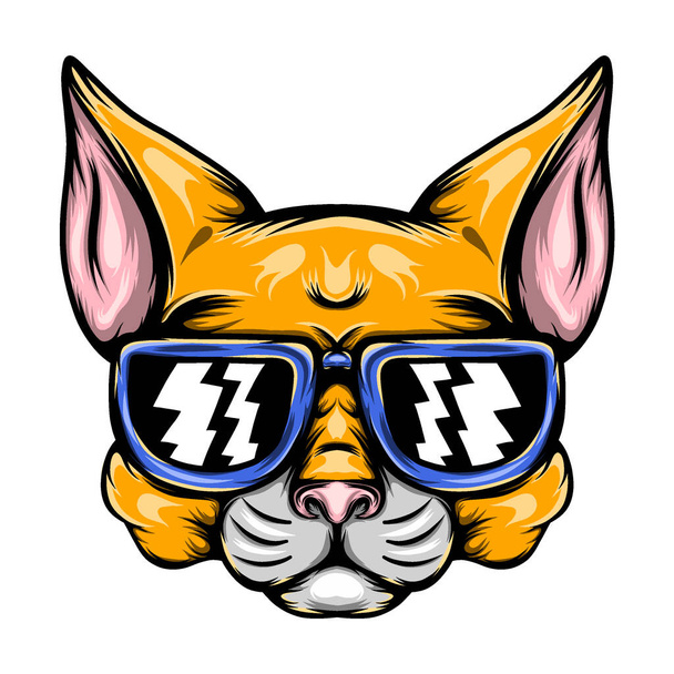 La ilustración del gato amarillo travieso con las gafas de sol azules para la inspiración de la mascota - Vector, Imagen