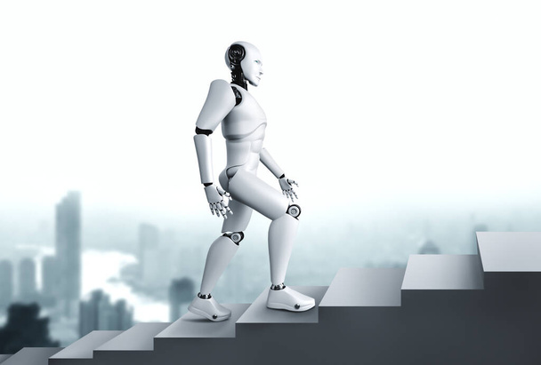 3D rendering robot humanoid walk up stair to success - Photo, Image