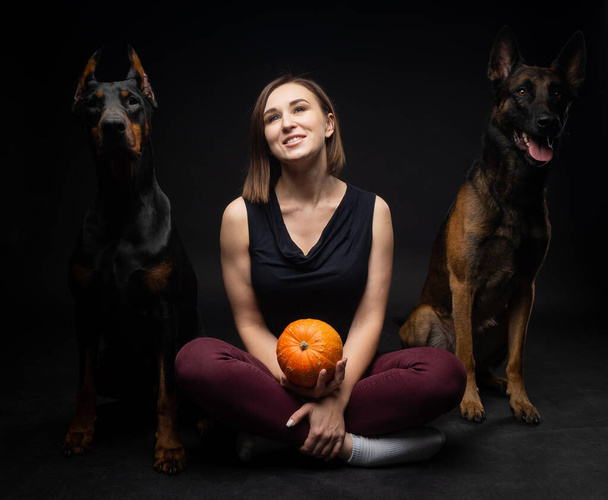 Portrait of a Doberman dog and a Belgian shepherd dog with a girl owner. Isolated Studio photo on a black background. - Photo, Image