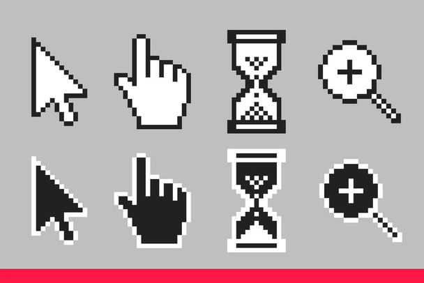 Fekete-fehér nyíl, kéz, nagyító- és homokóra pixel egér kurzor ikonok vektor illusztráció készlet - Vektor, kép