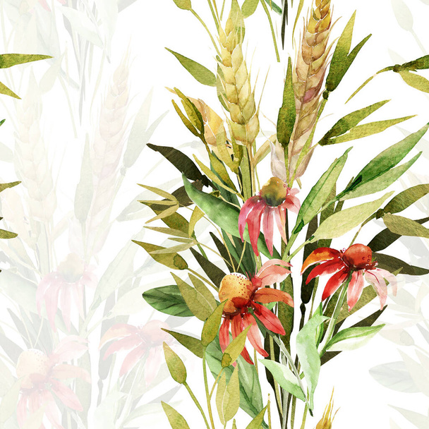 Watercolor composition of a bouquet of autumn flowers and ears of wheat.Seamless pattern. - Foto, immagini