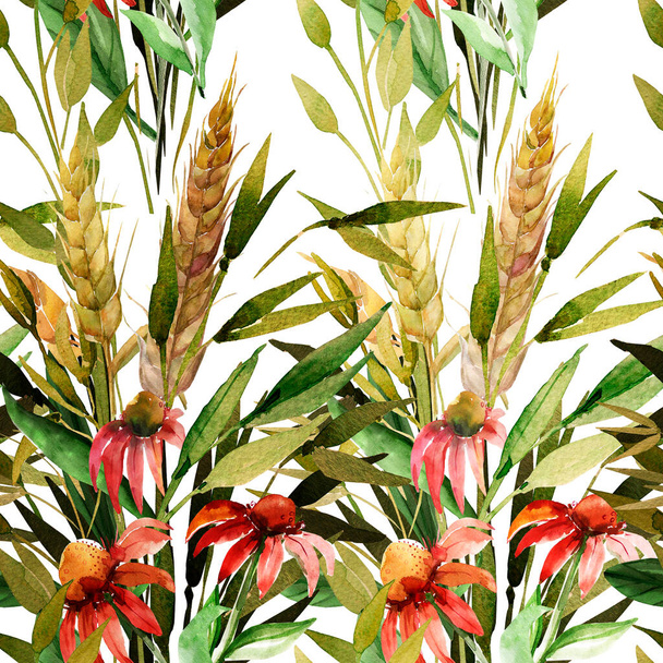 Watercolor composition of a bouquet of autumn flowers and ears of wheat.Seamless pattern. - Фото, зображення