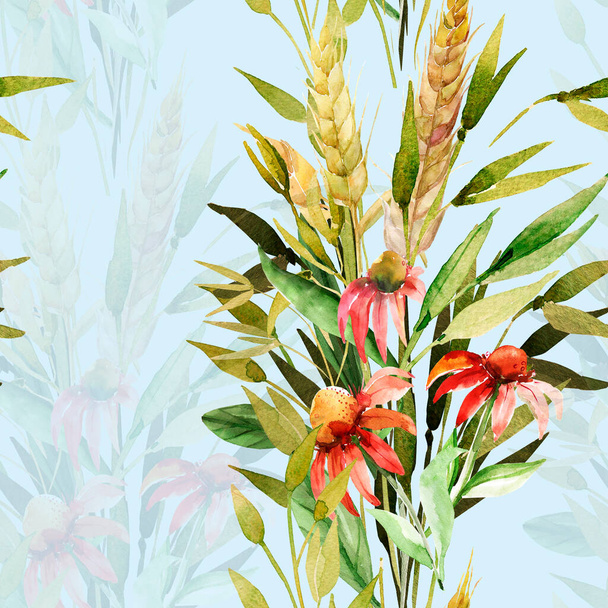Watercolor composition of a bouquet of autumn flowers and ears of wheat.Seamless pattern. - Foto, imagen