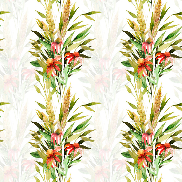 Акварельна композиція букета з осінніх квітів і вух пшениці. Безшовний візерунок
. - Фото, зображення