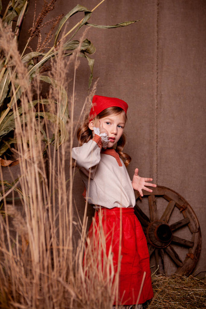 dívka v lehké lněné košili a červenou šálu v rustikálním stylu - Fotografie, Obrázek