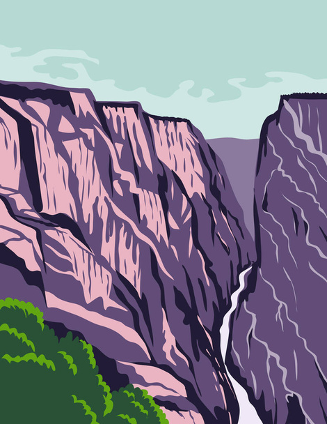 Плакат WPA о Черном Каньоне национального парка Ганнисон, крутое ущелье, вырезанное через докембрийский рок, штат Колорадо, США в рамках проекта "Администрация работ" или в стиле федерального арт-проекта. - Вектор,изображение