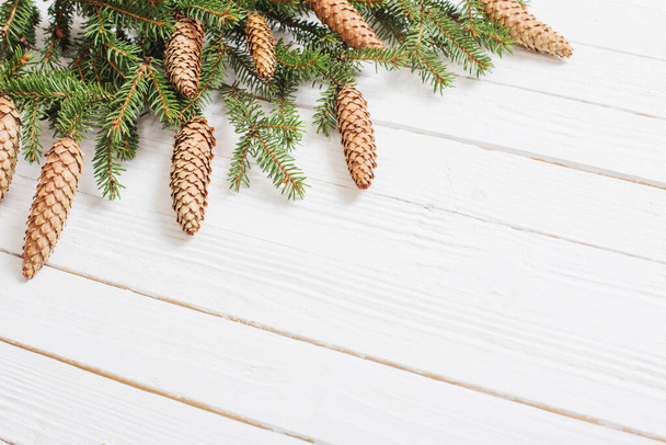 fir branches with cones on white wooden background - Photo, Image