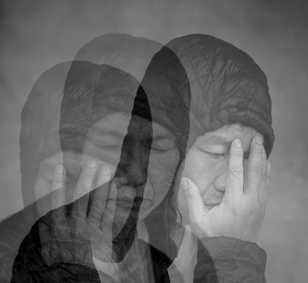 Mental health concept, blending three photos of a sad looking man to convey mood of depression or bipolar - Photo, Image