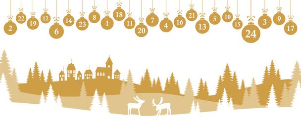 висячі різдвяні подарунки кольорове золото з номерами від 1 до 24 показують календар пригод для різдвяних і зимових концепцій часу з кольоровим ялинковим панорамним фоном
 - Вектор, зображення