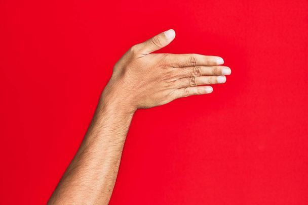 Brazo de joven blanco caucásico sobre fondo rojo aislado estirándose y alcanzando con la mano abierta para el apretón de manos, mostrando la parte posterior de la mano  - Foto, imagen