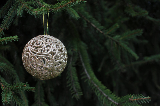 モミの木の上の黄金のクリスマスボール。美しい豪華な装飾品のクローズアップ - 写真・画像