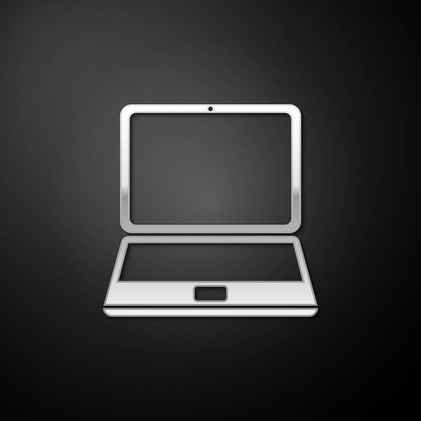 Ezüst Laptop ikon elszigetelt fekete háttérrel. Számítógépes füzet üres kijelzővel. Hosszú árnyék stílus. Vektor. - Vektor, kép