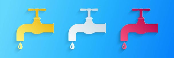 Paper cut Water tap with a falling water drop icon isolated on blue background. Paper art style. Vector. - Vector, Image