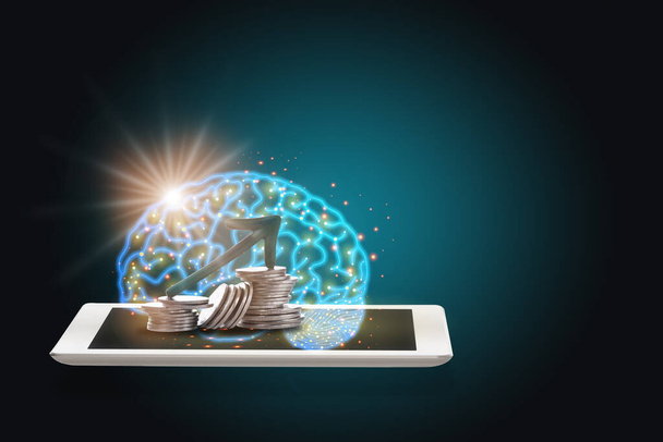 Retorno de la inversión con tecnología moderna del cerebro aprendizaje automático en tableta de computadora, concepto de innovación de inteligencia artificial e idea de transformación de tecnología financiera - Foto, Imagen