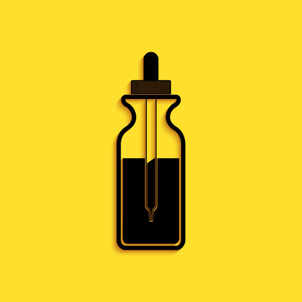 Black Glass bottle with a pipette. Vial with a pipette inside and lid icon isolated on yellow background. Container for medical and cosmetic product. Long shadow style. Vector. - Vector, Image