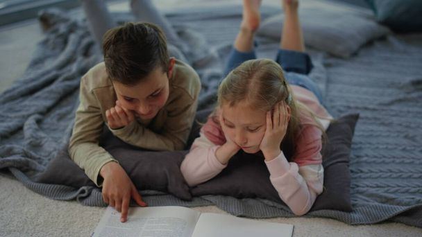 Erkek ve kız kardeş evde ders çalışıyor. Kardeşler kitap sayfalarına dokunuyor - Fotoğraf, Görsel